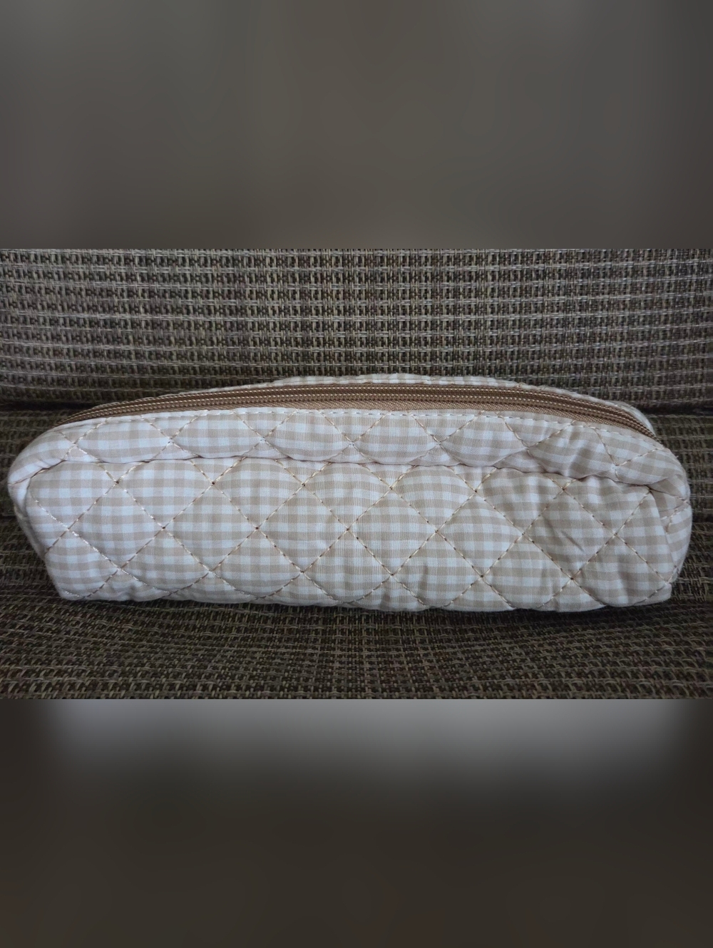 Moon Nude Quilted Gingham Cosmetic Pouch in Soft Beige